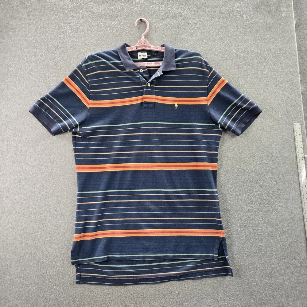 VINTAGE Polo By Ralph Lauren Men Polo L Navy Striped Short‎ Sleeve